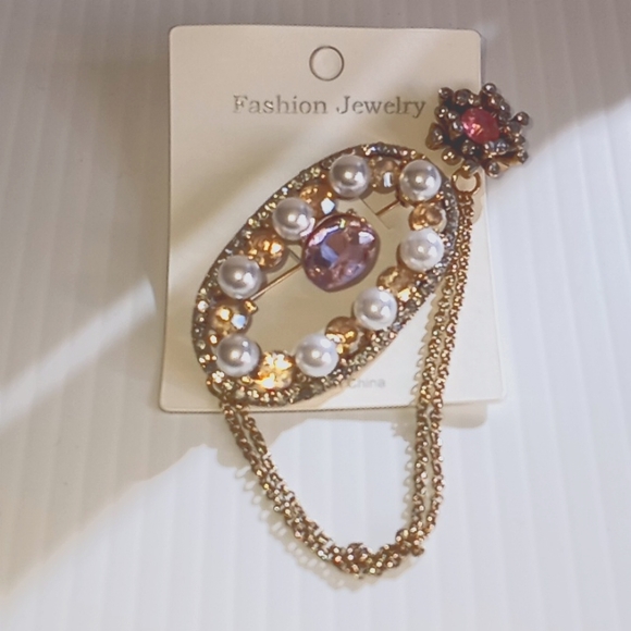 Pink Tourmaline & Pearl Rhinestoned Chain Brooch - Picture 2 of 11